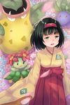  bellossom black_hair blush breasts erika_(pokemon) gen_1_pokemon gen_2_pokemon gym_leader hairband highres japanese_clothes kimono momiji_manjuu_(usagiblackmore) oddish pokemon pokemon_(creature) pokemon_(game) pokemon_frlg short_hair small_breasts victreebel 