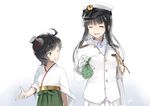  ^_^ black_hair black_hat buttons closed_eyes ebizome female_admiral_(kantai_collection) furisode gloves green_eyes green_hakama hakama hat japanese_clothes kantai_collection kimono long_hair long_sleeves matsukaze_(kantai_collection) meiji_schoolgirl_uniform military military_uniform mini_hat mini_top_hat multiple_girls naval_uniform obi one_eye_closed open_mouth peaked_cap pleated_skirt sailor_hat sash short_hair signature skirt smile top_hat uniform white_gloves white_kimono white_skirt 