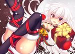  absurdres bare_shoulders bell blush box breasts choker christmas fur_trim gift gloves highres long_hair looking_at_viewer medium_breasts murasame_shia open_mouth original panties pantyshot red_eyes red_gloves red_panties ribbon silver_hair smile solo thighhighs underwear 