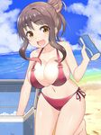  :d bare_arms bare_legs bare_shoulders barefoot battlegaregga beach bikini breasts brown_eyes brown_hair day fang highres ice ice_cube kantai_collection large_breasts long_hair naganami_(kantai_collection) ocean open_mouth outdoors red_bikini smile solo swimsuit wet 