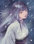  bangs blizzard blunt_bangs hair_in_mouth highres japanese_clothes kimono lavender_eyes lavender_hair long_hair long_sleeves looking_at_viewer moyamoya obi original parted_lips red_lips sash sidelocks snowing solo upper_body wind yuki_onna 