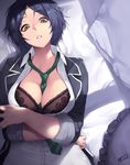  artist_name bed_sheet between_breasts black_bra black_jacket blue_hair blush bra breasts cleavage collarbone collared_shirt crossed_arms day eyebrows_visible_through_hair frilled_pillow frills green_neckwear hayami_kanade head_tilt idolmaster idolmaster_cinderella_girls jacket jjune large_breasts long_sleeves looking_at_viewer looking_up lying necktie necktie_between_breasts on_back on_bed open_clothes open_jacket open_mouth open_shirt pillow shiny shiny_skin shirt short_hair sleeves_pushed_up sleeves_rolled_up solo sunlight underwear upper_body white_shirt wing_collar yellow_eyes 