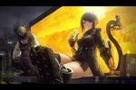  1girl bangs black_hair city crossed_legs cyberpunk doughnut earrings eating eyepatch food gloves helmet highres jewelry kasagarasu mechanical_arm mechanical_tail original prosthesis science_fiction short_hair sumi_elias swept_bangs tail yellow_eyes 