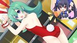  animal_ears bare_back bare_shoulders black_hair bunny_ears bunny_girl bunny_tail bunnysuit chou_megami_shinkou_noire_gekishin_black_heart detached_collar fake_animal_ears fishnets game_cg green_hair hair_ornament highres long_hair loudspeaker multiple_girls neptune_(series) noire official_art open_mouth puuna_(chou_megami_shinkou_noire_gekishin_black_heart) red_eyes tail tsunako twintails wrist_cuffs 