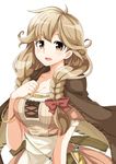  :d apron blonde_hair bow bracelet braid breasts cape cleavage effie_(fire_emblem) fire_emblem fire_emblem_echoes:_mou_hitori_no_eiyuuou highres jewelry large_breasts long_hair open_mouth orange_eyes shangorilla simple_background smile solo twin_braids upper_body white_background 