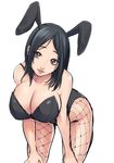  absurdres animal_ears bare_shoulders black_hair breasts brown_eyes bunny_ears bunny_girl bunnysuit cleavage hands_on_own_knees highres large_breasts leaning_forward miura_hajime original parted_lips simple_background smile solo thighs white_background 