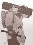  2017 anthro axe backpack bear belly biceps big_muscles body_hair chest_hair cigarette claws clothed clothing elbow_tufts fingerless_gloves fur gloves happy_trail looking_at_viewer male mammal melee_weapon monochrome musclegut muscular muscular_male pecs piercing smoking solo standing takemoto_arashi topless tuft weapon wood 