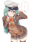  ashino blouse blush brown_jacket brown_legwear brown_skirt brown_sweater cardigan green_eyes green_hair hat heart highres jacket kantai_collection long_hair long_sleeves neck_ribbon peaked_cap pleated_skirt red_ribbon remodel_(kantai_collection) ribbon skirt smile solo speech_bubble suzuya_(kantai_collection) sweater thighhighs translated white_blouse wing_collar 