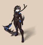  anthro bodysuit canine clothed clothing female fur hair kittydee looking_at_viewer mammal melee_weapon polearm scythe skinsuit solo standing tight_clothing weapon 