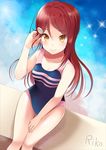  aibumi bad_id bad_pixiv_id blush breasts competition_swimsuit from_above hair_ornament hairclip highres long_hair looking_at_viewer love_live! love_live!_sunshine!! medium_breasts one-piece_swimsuit red_hair sakurauchi_riko sitting smile solo swimsuit thighs yellow_eyes 