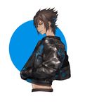  1boy black_hair blue_background blue_eyes final_fantasy final_fantasy_xv from_behind hands_in_pockets jacket leather leather_jacket male_focus midriff noctis_lucis_caelum solo 