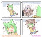  2girls absurdres artist_self-insert bangs beads blue_eyes blunt_bangs box cardboard_box comic commentary_request dragon_girl dragon_horns english for_adoption green_hair greenteaneko greenteaneko-chan hair_beads hair_ornament highres horns in_box in_container kanna_kamui kobayashi-san_chi_no_maidragon lavender_hair long_hair multiple_girls original rain short_hair tail tears wet wet_clothes 