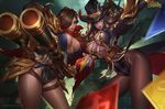  breasts brown_hair card center_opening citemer cleavage genderswap genderswap_(mtf) hat heart large_breasts league_of_legends leotard lips lipstick long_hair looking_at_viewer makeup malcolm_graves multiple_girls pantyhose parted_lips playing_card twisted_fate weapon 