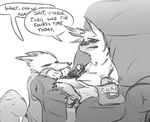  aardwolf absurd_res anthro black_and_white canine chair charlie_(weaver) clothed clothing controller dialogue digital_media_(artwork) disney duo english_text eyes_closed fan_character female food fox fur hi_res hyena male mammal monochrome nobby_(artist) pack_street remote_control sitting sofa speech_bubble text wolter_(weaver) zootopia 