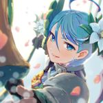  ahoge arrow artist_name blue_eyes blue_hair bow bow_(weapon) flower gen'ei_ibunroku_sharp_fe gloves hair_flower hair_ornament leaf petals reiesu_(reis) short_hair solo teeth upper_body weapon yumizuru_eleanora 