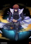  abs arm_guards artist_name bangs black_bodysuit bodysuit brown_hair chain coat hand_on_own_knee kaiba_seto knee_pads looking_at_viewer male_focus mouhitorinoboku open_clothes open_coat patreon_logo sitting solo watermark yuu-gi-ou yuu-gi-ou_duel_monsters 