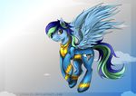  blue_hair day equine fan_character feathered_wings feathers flying green_hair hair hooves l1nkoln mammal my_little_pony smile wings wonderbolts_suit 