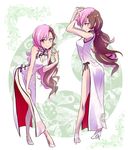  breasts brown_eyes brown_hair china_dress chinese_clothes cleavage commentary dress heterochromia high_heels iesupa long_hair medium_breasts multicolored_hair multiple_views neo_(rwby) pink_eyes pink_hair pose rwby smile thighs white_dress 
