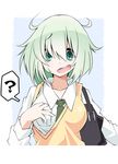  ? ahoge alternate_costume bad_id bad_twitter_id bag blush breast_pocket breasts collarbone collared_shirt commentary_request d: eyes_visible_through_hair green_eyes hair_between_eyes hair_over_eyes hand_in_pocket highres komeiji_koishi large_breasts long_sleeves looking_at_viewer messy_hair necktie no_hat no_headwear off_shoulder open_mouth pocket sakakiba_misogi shirt short_hair shoulder_bag solo spoken_question_mark sweat touhou 