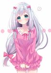  aqua_eyes bangs blush bow closed_mouth collarbone eromanga_sensei izumi_sagiri long_hair long_sleeves looking_at_viewer pink_bow pink_ribbon pink_shirt pink_shorts ribbon sakura_hiyori shirt shorts silver_hair simple_background solo very_long_hair white_background 