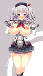  1girl areolae blue_eyes blush breasts breasts_outside gloves huge_breasts kantai_collection kashima_(kantai_collection) looking_at_viewer nipples open_mouth open_shirt riding_crop silver_hair skirt smile solo tsumugie 