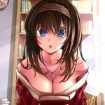  :o bare_shoulders black_hair blue_eyes book book_stack bookshelf breasts chiyosuke_(nosuke21) cleavage clock hairband holding holding_book idolmaster idolmaster_cinderella_girls jewelry large_breasts long_hair looking_at_viewer necklace off-shoulder_sweater pendant ribbed_sweater sagisawa_fumika shawl solo sweater 