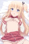  :o blonde_hair blue_eyes blush breasts eyebrows_visible_through_hair hair_ribbon hiiragi_mayuki hinako_note long_hair looking_at_viewer lying navel nipples no_bra on_back one_side_up open_mouth out-of-frame_censoring panties panty_pull pleated_skirt red_skirt ribbon school_uniform serafuku shirokuma-kun shirt_lift skirt skirt_lift small_breasts solo underwear white_panties 