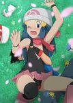  1boy 1girl ;o ^_^ bare_shoulders beanie blue_eyes blue_hair breast_grab collarbone crotch_grab erect_nipples eyes_closed flower grass groping hat hikari_(pokemon) joltik laughing long_hair love_(pspdspsp) lying matching_hair/eyes mew no_bra on_back open_mouth pokemon pokemon_(anime) satoshi_(pokemon) scarf sideboob skirt sleeveless sleeveless_shirt sweat sweatdrop wavy_mouth 