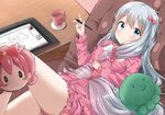  bangs blue_eyes blush bow chair cup eromanga_sensei from_above hair_bow highres hoshikuzu_witch_meruru izumi_sagiri long_hair looking_at_viewer looking_up mask meruru_(oreimo) pajamas pentagon_(railgun_ky1206) pink_bow saucer silver_hair sitting smile solo stuffed_animal stuffed_octopus stuffed_toy stylus table tablet teacup very_long_hair 