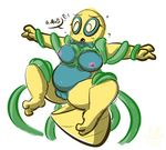  1-upclock anthro bdsm big_breasts blush bondage bound breasts dunsparce female nintendo nipples nude open_mouth pok&eacute;mon pussy shy simple_background slightly_chubby solo tentacles text thick_thighs video_games vines 
