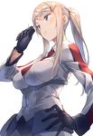  alternate_hairstyle bad_id bad_twitter_id black_gloves blonde_hair breasts capelet colored_eyelashes from_below gloves graf_zeppelin_(kantai_collection) grey_eyes hair_between_eyes ichikei impossible_clothes kantai_collection large_breasts lips long_hair looking_away military military_uniform necktie no_hat no_headwear ponytail red_neckwear sidelocks solo tsurime uniform upper_body 