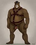  2012 aikho anthro balls barefoot bear biceps brown_fur ear_piercing fur grizzly_bear hair humanoid_penis male mammal mohawk muscular nipple_piercing nipples open_mouth penis piercing simple_background slightly_chubby smile standing taoren teeth 