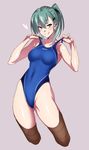  :p alternate_hairstyle aqua_eyes aqua_hair ass_visible_through_thighs blue_swimsuit brown_legwear company_connection competition_swimsuit cowboy_shot cropped_legs grey_background hair_ornament hairclip highleg highleg_swimsuit kantai_collection long_hair looking_at_viewer one-piece_swimsuit ponytail simple_background smile solo suzuya_(kantai_collection) swimsuit swimsuit_pull thighhighs tongue tongue_out ulrich_(tagaragakuin) 