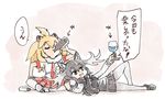  antlers black_hair blonde_hair bottle commentary cup drink drinking_glass fur_collar glass kemono_friends lion_(kemono_friends) lion_ears long_hair long_sleeves moose_(kemono_friends) moose_ears multiple_girls open_mouth panzuban pleated_skirt shirt short_sleeves skirt smile tail translated wine_glass 