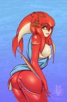  1girl areolae ass breasts butt_crack fins fish_girl highres inverted_nipples looking_at_viewer looking_back medium_breasts mipha monster_girl multicolored multicolored_skin nipples no_eyebrows ocean parted_lips pink_lips puffy_nipples red_skin solo the_legend_of_zelda the_legend_of_zelda:_breath_of_the_wild water watermark yellow_eyes 