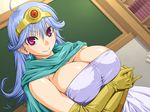  1girl amano_mitsurugi belt blue_hair breast_hold breasts cape chalkboard circlet cleavage dragon_quest dragon_quest_iii earrings eyebrows eyebrows_visible_through_hair gloves highres huge_breasts indoors long_hair looking_at_viewer pink_eyes sage_(dq3) shiny shiny_skin smile solo standing upper_body yellow_gloves 
