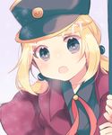  1girl aoi_choko_(aoichoco) blonde_hair blue_eyes coat hair_ornament hairclip hat highres kagamine_rin necktie open_mouth project_diva_(series) short_hair simple_background solo sparkling_eyes vocaloid 