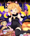  ;d animal_ears asahina_mirai bell bell_earrings black_hairband black_legwear blush bow candy cat_ears cat_tail character_request earrings eyebrows_visible_through_hair fang food hairband jack-o'-lantern jewelry lollipop looking_at_viewer mahou_girls_precure! mofurun_(mahou_girls_precure!) one_eye_closed open_mouth orange_hair precure pumpkin purple_eyes red_bow ringo_(nanaprin) short_hair smile star star_in_eye symbol_in_eye tail tail_bow thighhighs 