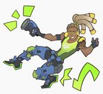  brown_hair dark_skin dark_skinned_male facial_hair gloves hairlocs headphones highres long_hair lucio_(overwatch) overwatch ponytail smile splashbrush tattoo visor 