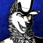  2017 anthro blue_background canine dog fur hat husky looking_at_viewer male mammal one_eye_closed open_mouth ratte simple_background solo teeth thehuskyk9 top_hat wink yellow_eyes 