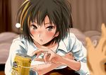  :o alcohol amagami bed beer blush brown_eyes brown_hair can collarbone collared_shirt curtains drunk indoors jewelry looking_at_viewer murasaki_iro nanasaki_ai older open_mouth out_of_frame pov revision ring shirt short_hair solo_focus upper_body wedding_band white_shirt wing_collar yebisu 