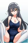  absurdres adjusting_clothes adjusting_legwear ame-rain blue_swimsuit bow breasts brown_eyes cleavage competition_school_swimsuit eyebrows_visible_through_hair grey_hair hair_between_eyes hair_ornament hairband hairclip haruna_(kantai_collection) highres kantai_collection large_breasts long_hair one-piece_swimsuit sitting solo swimsuit thighhighs white_legwear 