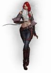  1girl absurdres alternate_costume bare_shoulders beads belt belt_buckle black_gloves boots bracelet brown_footwear buckle closed_mouth dagger devil_may_cry devil_may_cry_2 fingerless_gloves full_body gloves green_eyes hair_between_eyes highres holding holding_dagger holding_weapon jewelry lucia_(devil_may_cry) medium_hair navel red_hair scarf skull solo standing tied_hair to_hsu weapon white_scarf 