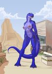  anthro blue_body breasts car cloud detailed_background dinosaur female front_view grass lunate non-mammal_breasts nude outside pose pussy scalie sky solo standing tizzian vehicle 