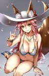  \m/ animal_ears artist_name banned_artist bikini blue_bikini blush bracelet breasts cleavage collarbone dated ears_through_headwear fate/extra fate/grand_order fate_(series) fox_ears fox_tail hat high_heels jewelry large_breasts long_hair looking_at_viewer navel necklace pink_hair simple_background sitting smile solo sun_hat swimsuit tail tamamo_(fate)_(all) tamamo_no_mae_(fate) tamamo_no_mae_(swimsuit_lancer)_(fate) viola_(seed) white_hat yellow_eyes yokozuwari 
