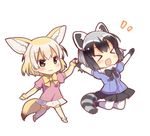  &gt;_&lt; 2girls :3 :d animal_ears arm_at_side arms_up black_eyes black_footwear black_gloves black_hair black_ribbon black_skirt blonde_hair blue_shirt breast_pocket brown_hair chibi closed_eyes common_raccoon_(kemono_friends) eyebrows_visible_through_hair eyelashes fennec_(kemono_friends) fox_ears fox_tail full_body fur_collar fur_trim gloves gradient_hair grey_hair happy holding_hands jitome jpeg_artifacts jumping kemono_friends loafers looking_at_another multicolored_hair multiple_girls neck_ribbon no_nose open_mouth pantyhose pink_sweater pleated_skirt pocket puffy_short_sleeves puffy_sleeves raccoon_ears raccoon_tail ribbon shiny shiny_hair shiroi_hakuto shirt shoes short_sleeve_sweater short_sleeves simple_background skirt smile striped_tail sweater tail thighhighs walking white_background white_footwear white_gloves white_hair white_legwear white_skirt xd yellow_gloves yellow_legwear yellow_ribbon zettai_ryouiki 