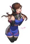  ;d adapted_costume animal_print arm_warmers artist_name bangs blue_shirt blue_shorts breasts brown_eyes brown_hair bunny_print clenched_hands cowboy_shot crop_top cropped_legs d.va_(overwatch) eyelashes facepaint facial_mark hands_up headphones highres legs_together long_hair looking_at_viewer medium_breasts micha one_eye_closed open_mouth overwatch shirt shorts simple_background sleeveless sleeveless_shirt smile solo thigh_gap thighhighs turtleneck whisker_markings white_background 