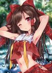  ;/ armpits arms_behind_head arms_up bare_arms bare_shoulders black_hair blurry blush bow breasts brown_hair closed_mouth commentary_request crop_top depth_of_field hair_bow hair_tubes hakurei_reimu hip_vent komazuki_(komaworks240) long_hair looking_at_viewer navel neck_ribbon no_detached_sleeves red_bow red_eyes red_skirt ribbon shirt skirt sleeveless sleeveless_shirt small_breasts solo stomach touhou untied upper_body water water_drop 