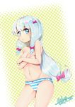 aduo blue_eyes bow breasts cleavage covering covering_breasts eromanga_sensei highres izumi_sagiri long_hair navel no_pants panties ribbon silver_hair small_breasts solo striped striped_panties topless underwear underwear_only 