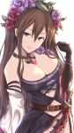  1girl bare_shoulders belt blue_eyes blush breasts brown_hair cleavage flower gloves granblue_fantasy hair_between_eyes hair_flower hair_ornament hand_up highres jewelry large_breasts long_hair looking_at_viewer necklace purple_eyes rose rosetta_(granblue_fantasy) sheath sheathed skirt smile solo sword twinameless very_long_hair weapon 
